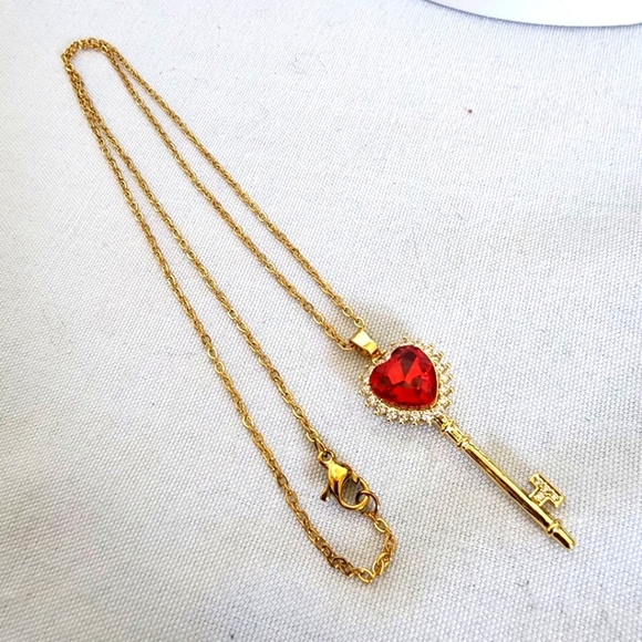 Gold Chain Necklace with Red CZ Heart Key Pendant - Picture 4 of 8